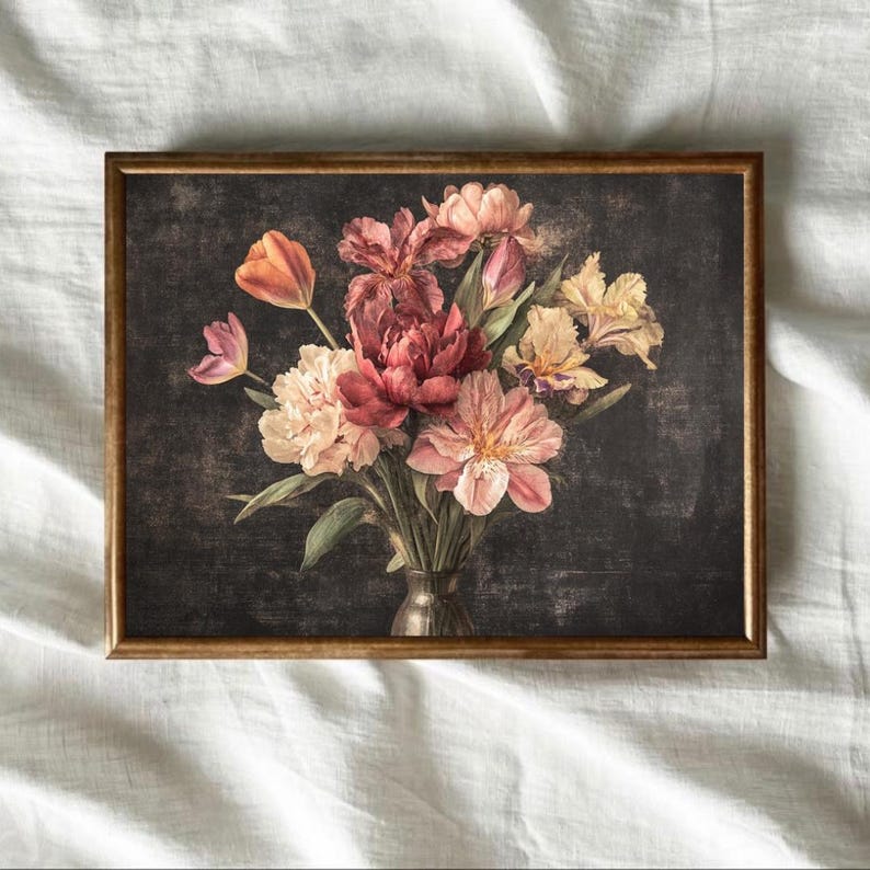 Vintage Peony Bouquet Wall Art Print, Moody Floral Vase Painting ...