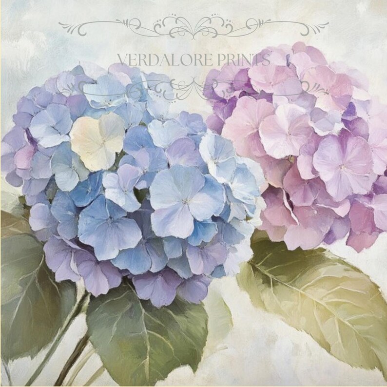 Pastel Hydrangea Wall Art Print, Blue and Pink Floral Painting ...