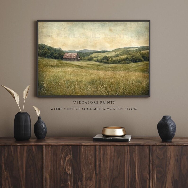Vintage Meadow Barn Wall Art Print, Rustic Rolling Hills Farmhouse ...