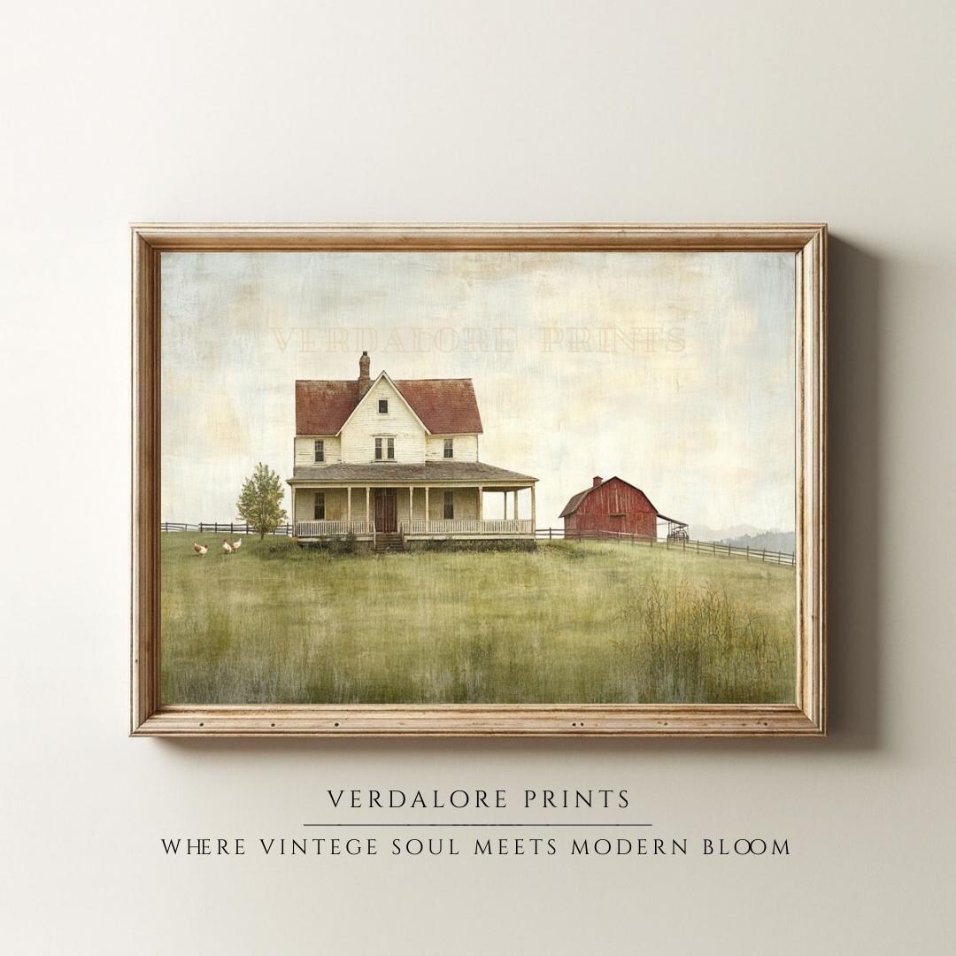 Classic White Farmhouse Wall Art Print, Red Barn Country Landscape ...