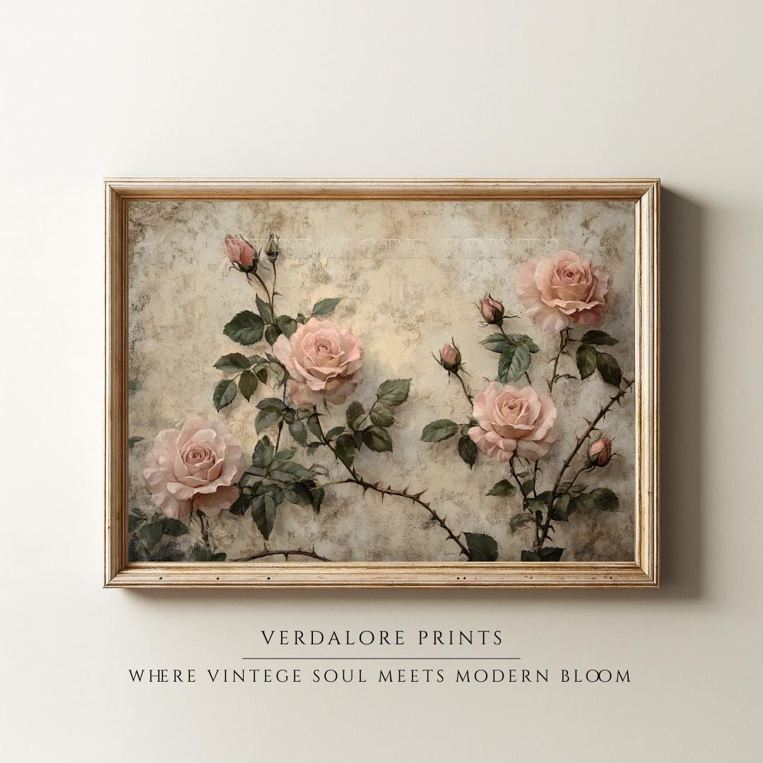 Vintage Blush Rose Wall Art, Romantic Floral Print, Cottagecore ...