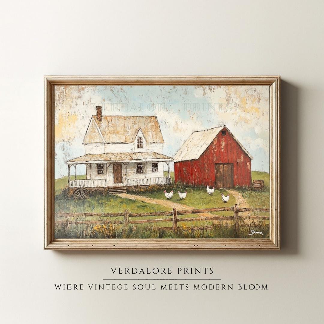 White Farmhouse and Red Barn Wall Art Print, Rustic Country Home With ...