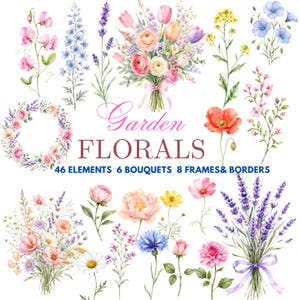 Watercolor Garden Flowers Clipart, Colorful Wildflower PNG, Wedding Invitation Floral Clipart, Floral Frames & Bouquets, Botanical Clip Art