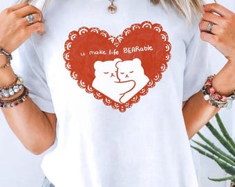Comfort Colors Valentine Bear Shirt : Teddy Bear Coquette Bow Heart Shirt, Couple Loves Tee