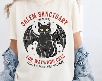 T-shirt vintage con gatto nero da strega - Regalo retrò per i fan - Maglietta grafica Comfort Colors