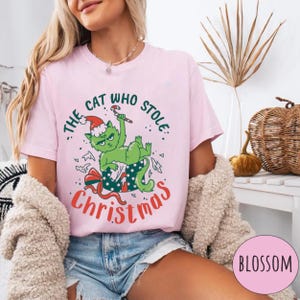 Peut inclure: T-shirt rose clair avec un chat vert portant un bonnet de P&egrave;re No&euml;l et tenant un sucre d'orge. Le texte "The Cat Who Stole Christmas" est au-dessus du chat, avec "Christmas" en rouge en dessous.