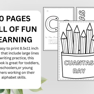 Puede incluir: Un cuaderno de trabajo con 10 p&aacute;ginas de aprendizaje divertido para ni&ntilde;os peque&ntilde;os y preescolares. Las p&aacute;ginas incluyen l&iacute;neas grandes para practicar la escritura. La imagen muestra un portal&aacute;pices con l&aacute;pices y el texto "CUANTAS RAY".