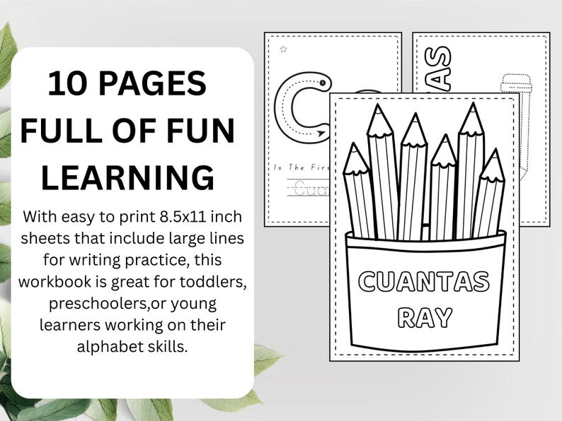 Puede incluir: Un cuaderno de trabajo con 10 p&aacute;ginas de aprendizaje divertido para ni&ntilde;os peque&ntilde;os y preescolares. Las p&aacute;ginas incluyen l&iacute;neas grandes para practicar la escritura. La imagen muestra un portal&aacute;pices con l&aacute;pices y el texto "CUANTAS RAY".