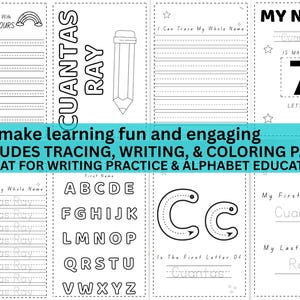 Puede incluir: P&aacute;ginas educativas en blanco y negro para la pr&aacute;ctica de la escritura y la educaci&oacute;n del alfabeto. Incluye p&aacute;ginas para trazar, escribir y colorear. Presenta el nombre "Cuantas Ray" y el texto "My Name is made of 7 letters".