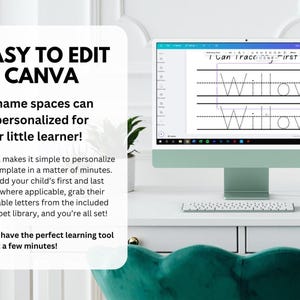 Puede incluir: Una pantalla de ordenador muestra una hoja de pr&aacute;ctica de escritura con el nombre "Willow" en letras trazables. El texto "EASY TO EDIT IN CANVA" es visible, junto con las instrucciones de personalizaci&oacute;n. La imagen est&aacute; sobre un escritorio blanco.