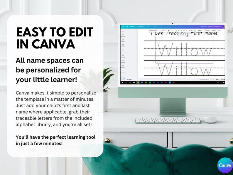 Puede incluir: Una pantalla de ordenador muestra una hoja de pr&aacute;ctica de escritura con el nombre "Willow" en letras trazables. El texto "EASY TO EDIT IN CANVA" es visible, junto con las instrucciones de personalizaci&oacute;n. La imagen est&aacute; sobre un escritorio blanco.