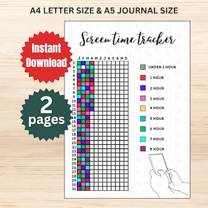 Puede incluir: Un rastreador de tiempo de pantalla imprimible con el texto "Screen time tracker" en la parte superior. El rastreador incluye una cuadrícula para rastrear el tiempo de pantalla diario, con categorías codificadas por colores para diferentes intervalos de tiempo. La imagen también incluye el texto "A4 LETTER SIZE & A5 JOURNAL SIZE".