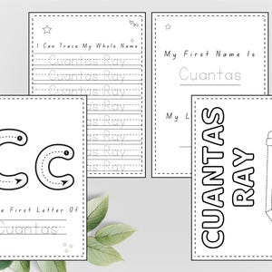 Puede incluir: Cuatro p&aacute;ginas de actividades blancas para ni&ntilde;os con ejercicios de trazado de letras y nombres, incluido "Cuantas Ray". Las p&aacute;ginas tienen un dise&ntilde;o de l&iacute;nea punteada y una ilustraci&oacute;n de l&aacute;piz. Ideal para el aprendizaje.