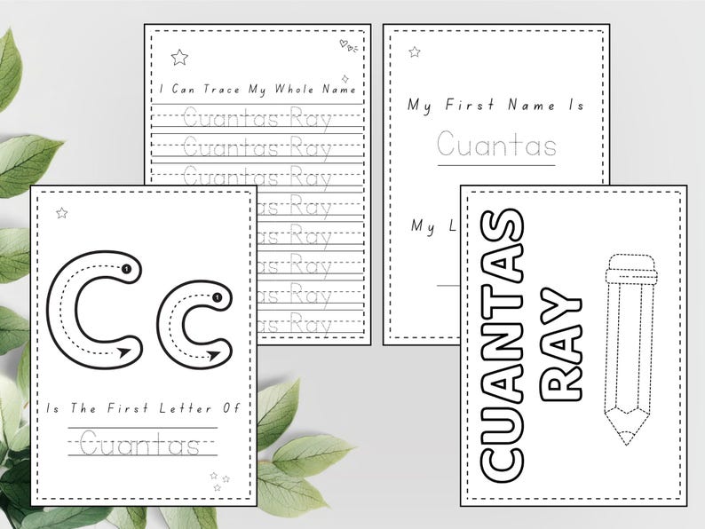 Puede incluir: Cuatro p&aacute;ginas de actividades blancas para ni&ntilde;os con ejercicios de trazado de letras y nombres, incluido "Cuantas Ray". Las p&aacute;ginas tienen un dise&ntilde;o de l&iacute;nea punteada y una ilustraci&oacute;n de l&aacute;piz. Ideal para el aprendizaje.