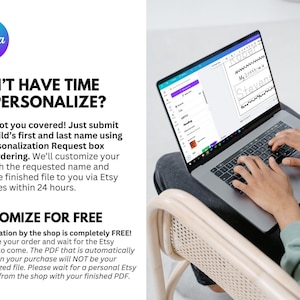 Puede incluir: Un port&aacute;til que muestra una plantilla PDF personalizada, con el logotipo de Canva visible. El texto dice "&iquest;NO TIENES TIEMPO PARA PERSONALIZAR?" y "PERSONALIZA GRATIS". La pantalla muestra los nombres "Robert" y "Steven".