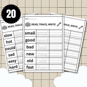 May include: A stack of three black and white educational worksheets for children. The worksheets feature the text "READ, TRACE, WRITE" and include words for tracing practice. A black circle with the number "20" is in the upper left corner.
