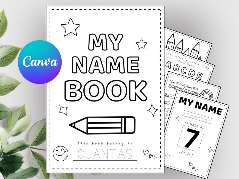 Puede incluir: Un libro "My Name Book" en blanco y negro con una ilustraci&oacute;n de l&aacute;piz. El libro incluye p&aacute;ginas para escribir nombres, colorear letras y colores arco&iacute;ris. El logotipo de Canva es visible.