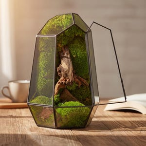 Op de afbeelding: Een geometrisch glazen terrarium met een donker metalen frame, gevuld met felgroen mos en een stuk verweerd drijfhout. De structuur heeft een scharnierend zijpaneel dat gedeeltelijk openstaat en de natuurlijke elementen binnenin onthult.