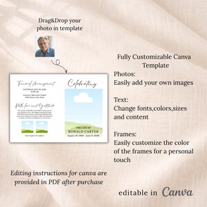 Pu&ograve; includere: Un modello Canva personalizzabile per un funerale. Il design include spazio per foto, testo e cornici. Il modello presenta il testo "Funeral Arrangement" e "Celebrating" con istruzioni di modifica.