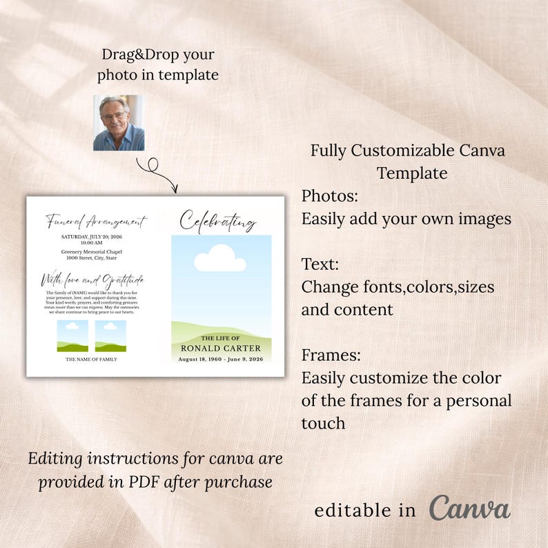 Pu&ograve; includere: Un modello Canva personalizzabile per un funerale. Il design include spazio per foto, testo e cornici. Il modello presenta il testo "Funeral Arrangement" e "Celebrating" con istruzioni di modifica.
