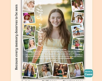 May include: Yearbook ad template featuring a central portrait of a young woman, with surrounding photos. The design includes the name "Caroline Sutton" and the phrase "Because every memory deserves to be seen."