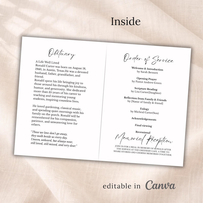 bifold funeral template modern elegant memorial program editable