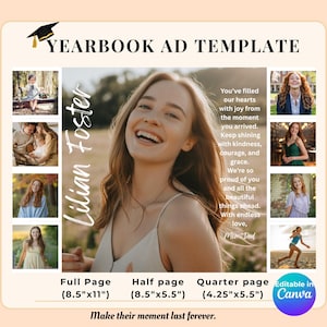 Może przedstawiać: Szablon reklamy do rocznika ze uśmiechniętą młodą kobietą, imieniem "Lilian Foster" w skrypcie. Zawiera przykładowe zdjęcia i tekst: "Wypełniłaś nasze serca..." z opcjami rozmiaru strony.