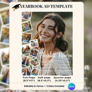 Puede incluir: Plantilla de anuncio de anuario con una joven sonriente, "Scarlett Rivera", y un collage de fotos. El diseño incluye texto: "Página completa (21,6cm x 27,9cm)", "Media página (21,6cm x 14cm)" y "Cuarto de página (10,8cm x 14cm)".