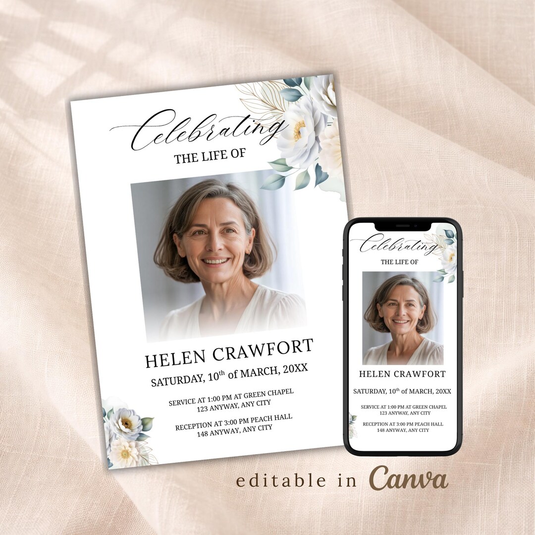 Floral Celebration of Life Invitation & Evite | Editable Canva Template ...
