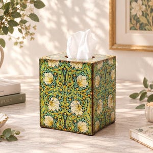 May include: A square tissue box cover featuring a repeating botanical pattern of white flowers, yellow centers, and green foliage on a dark background. A single white tissue protrudes from the rectangular opening at the top of the box.