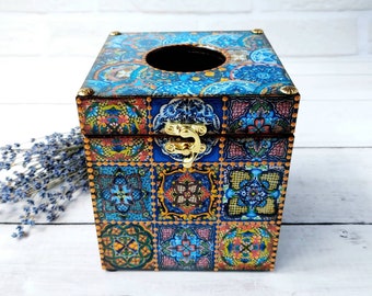 Tissue Box Cover Mexican Talavera Tile Style, Bathroom decor , Tissue box holder , Serving table decor, Wooden tissue box square