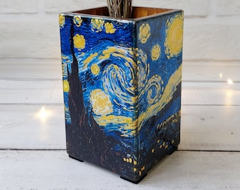 Van Gogh Starry Night Inspired Wooden Pen Holder: Decoupage Pencil Pot