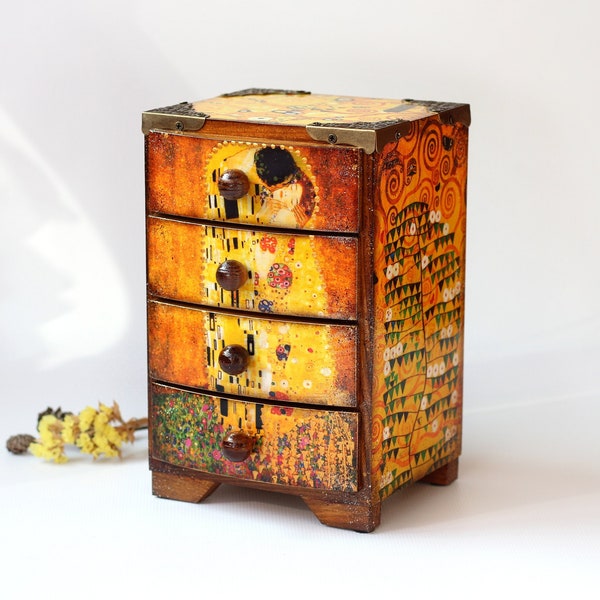 Gustav Klimt Inspired The Kiss Mini wooden chest drawers, Tree of life Jewelry Chest Organizer Drawers For Watch Necklace Bracelet & Ring