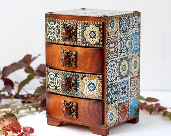 Azulejos Tiles Style Blue, white, brown and bronze dots jewellery drawers MADE TO ORDER