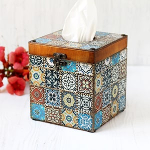 Caja de pañuelos Funda Azulejos Estilo Azulejos Cuadro de puntos azules, blancos, marrones y bronce, HECHO BAJO PEDIDO
