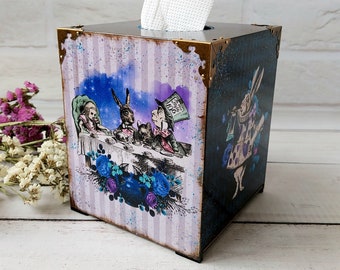 Alice's Adventures in Wonderland Tissue Box Cover, purple, blue, black