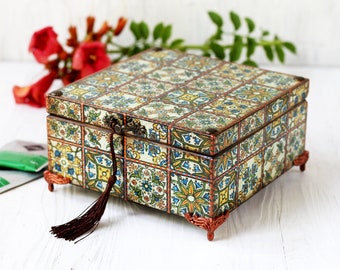 Handmade Portuguese Tile Tea Box: Decoupage Yew Wood 4-Compartment