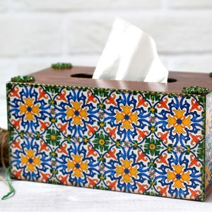 Cubierta de caja de pañuelos Azulejos portugueses Estilo con flores amarillas y puntos verdes, caja de pañuelos grande rectangular, decoración de mesa de servicio