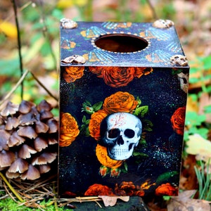 Orange Floral Skulls Halloween Decor Wooden Tissue Box, Fall Tissue box cover Gothic skull patterns with skeletons and flowers image 2