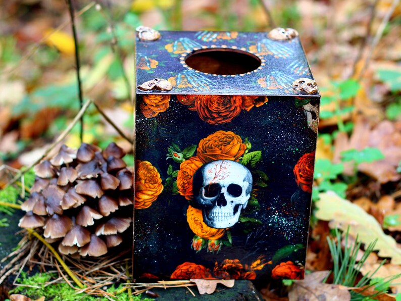 Orange Floral Skulls Halloween Decor Wooden Tissue Box, Fall Tissue box cover Gothic skull patterns with skeletons and flowers image 2