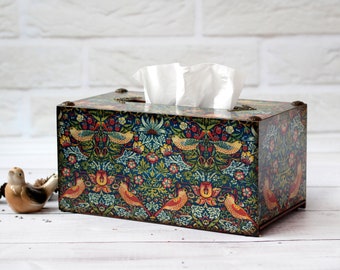 Boîte à mouchoirs Strawberry Thief William Morris, papiers numériques vintage, porte-boîte à mouchoirs, décoration de table de service, boîte à mouchoirs rectangulaire