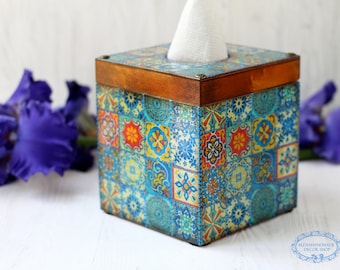 Tissue box Blue Rosa, Tiles Style with bright blue dot painting, MADE TO ORDER