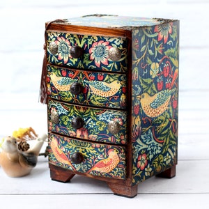 William Morris Strawberry Thief Inspired Mini wooden chest drawers, Jewelry Chest Organizer Drawers Art Nouveau Morris style keepsake box