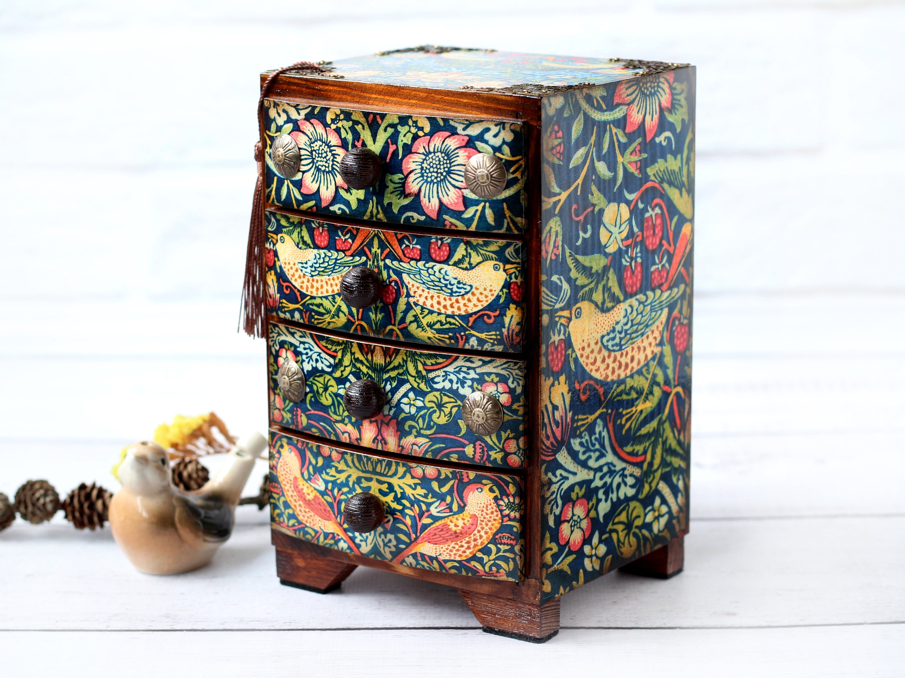 William Morris Strawberry Thief geïnspireerde mini houten ladekasten, sieraden kist opberger lades Jugendstil Morris-stijl herinneringsdoos