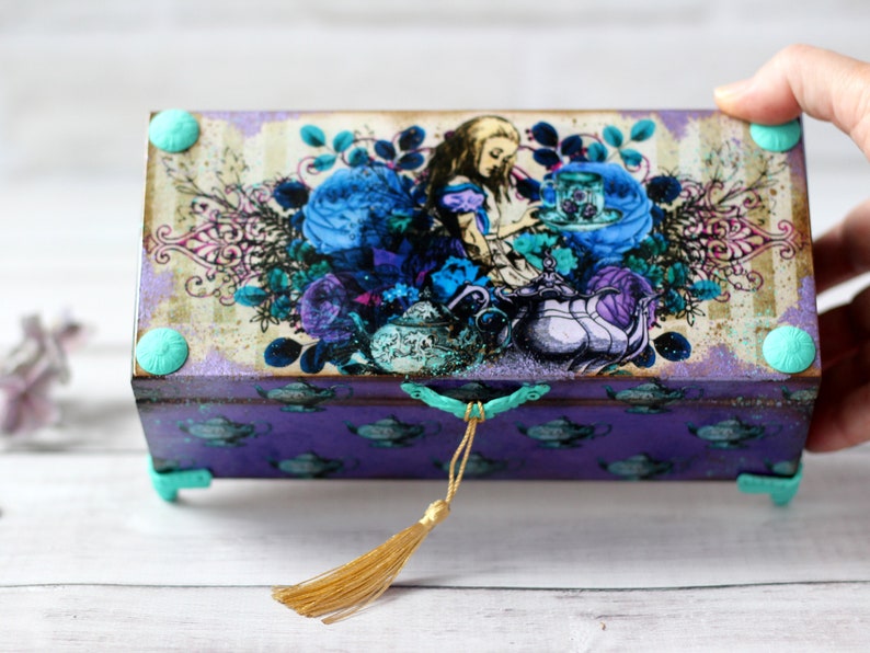 Alice in Wonderland Tea Box: Decoupage Wooden Box With 3 Compartments ...
