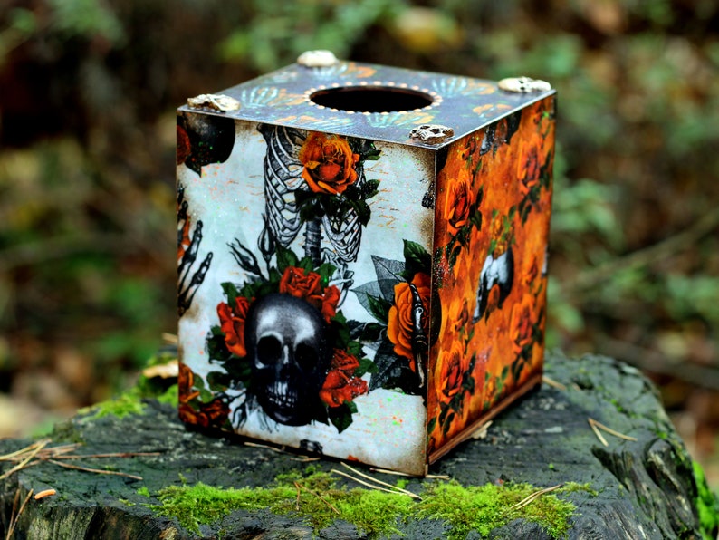 Orange Floral Skulls Halloween Decor Wooden Tissue Box, Fall Tissue box cover Gothic skull patterns with skeletons and flowers image 4