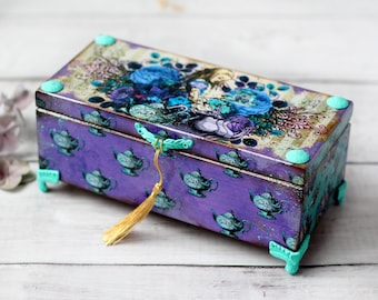 Alice in Wonderland Tea Box: Decoupage Wooden Box with 3 Compartments