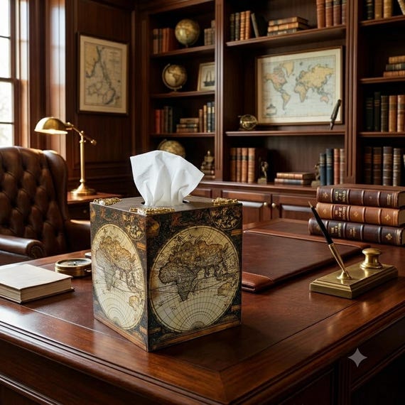 Map of the World Wooden Tissue Box Cover, Antique Globe Decoupage Cube, Vintage Desk Decor for Man Office, Travel Lover Gift