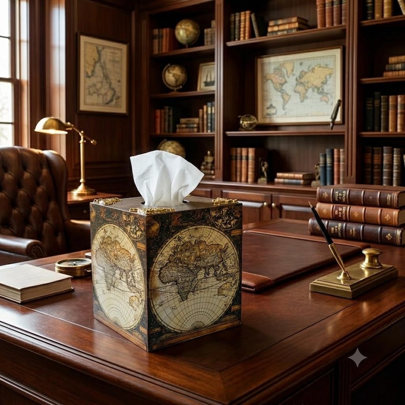 May include: A square wooden tissue box cover featuring a vintage world map print in shades of brown, cream, and gold. The box has ornate gold-toned metal corner accents and holds a stack of white tissues protruding from the top opening.