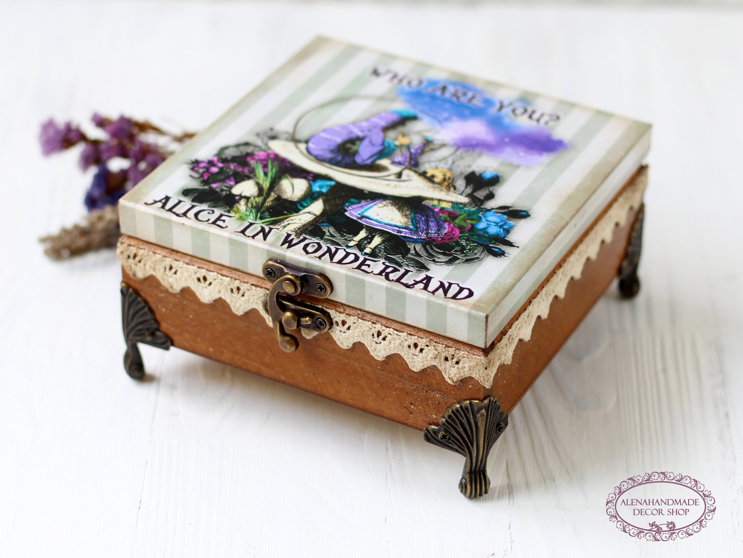 Dark Alice in Wonderland Wooden Box, Alice and caterpillar Absolem Box.